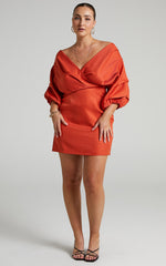 Anastasija Mini Dress - Off Shoulder V Neck Dress in Paprika