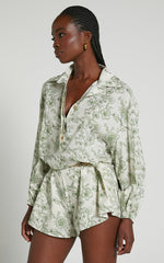 Anka Playsuit - Relaxed Button Front Shirt Playsuit in Green Floral