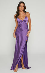 Anneke Maxi Dress - V Neck Open Back Bias Cut Dress in Dark Amethyst