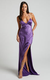 Anneke Maxi Dress - V Neck Open Back Bias Cut Dress in Dark Amethyst