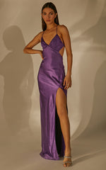Anneke Maxi Dress - V Neck Open Back Bias Cut Dress in Dark Amethyst