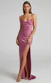 Ardent Maxi Dress - Cowl Neck Tie Back Satin Dress in Orchid