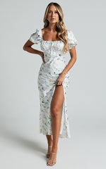 Arian Midi Dress - Puff Sleeve Slit Dress in White Floral