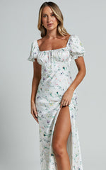 Arian Midi Dress - Puff Sleeve Slit Dress in White Floral