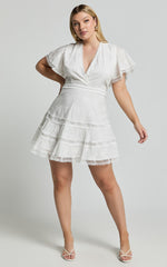 Ariana Mini Dress - V Neck Flutter Sleeve A Line in White