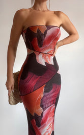 Brunetta Midi Dress - Strapless Mesh Dress in Peach and Black Floral