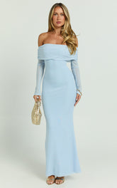 Bethanie Maxi Dress - Off The Shoulder Mesh Dress in Ice Blue