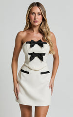 Bettina Two Piece Top and Skirt Set - Strapless Boucle Bow Top and Mini Skirt Set in Cream