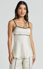Bobbie Top - Contrast Piping Detail Satin Top in Oyster
