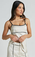Bobbie Top - Contrast Piping Detail Satin Top in Oyster