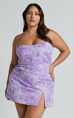 Brailey Mini Dress - Strapless Dress in Purple Jacquard