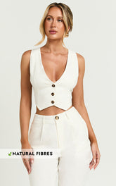 Bree Top - Linen V Neck Button Up Cropped Vest in White