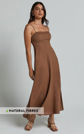 Brette Midi Dress - Linen Straight Neck Strappy Fit And Flare Dress in Tobacco