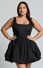 Brianda Mini Dress - Corset Bodice Bubble Hem Dress in Black