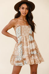 Marja Cami Strap Shirred Baby Doll Dress Paisley Print Tan