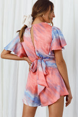 Unconditional Plunging Wrap Style Romper Marbled Tie Dye Red/Purple