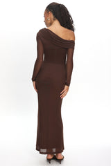 Milos Asymmetric Neckline Long Sleeve Maxi Dress Chocolate