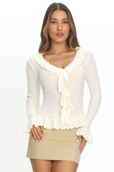 Jaimy Ruffle Trim Knit Cardigan Cream