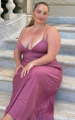 Cariela Maxi Dress - Plunge Neck Satin Dress in Orchid
