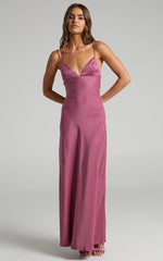 Cariela Maxi Dress - Plunge Neck Satin Dress in Orchid