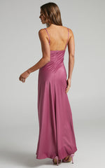 Cariela Maxi Dress - Plunge Neck Satin Dress in Orchid