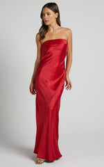 Charlita Maxi Dress - Strapless Cowl Back Satin Dress in Cherry Red