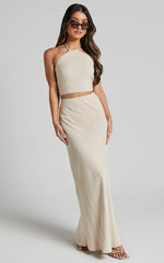 Chelsea Two Piece Set - Linen Halter Neck Top and Bias Cut Sheer Maxi Skirt in Natural