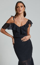 Chrislyn Top - Asymmetric Frill Top in Black Polka