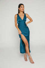 Clariztina Midi Dress - Deep V Neck With Side Slit Dress in Teal