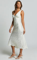 Cohen Midi Dress - Jacquard Satin Midi Dress in Cream
