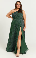 Isra Maxi Dress - Lurex Slit Cut Out One Shoulder Dress in Emerald