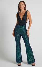 Deliza Pants - Mid Waisted Sequin Flare Pants in Mermaid Teal