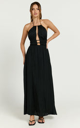 Denisa Midi Dress - Open Back Halter Dress in Black