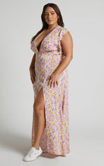 Dyliah Maxi Dress - Thigh Split Frill Shoulder Plunge Neck Dress in Multi Floral
