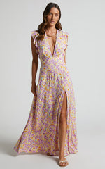 Dyliah Maxi Dress - Thigh Split Frill Shoulder Plunge Neck Dress in Multi Floral