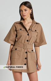 Elena Mini Dress - Wide Sleeve Utility Dress in Mocha