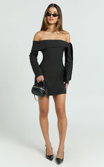 Eljay Mini Dress - Long Sleeve Off Shoulder Knot Detail Dress in Black
