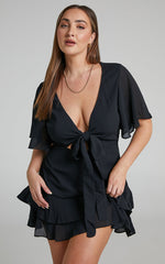 Ezilita Mini Dress - Tie Front Angel Sleeve Tiered Dress in Black