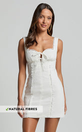 Flynn Mini Linen Blend Dress - Lace Trim Square Neck Tie Front Dress in Ivory