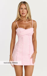 Gigi Mini Linen Blend Dress - Sweetheart Tie Back Scallop Detail Dress in Pink