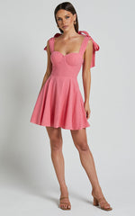 Girley Mini Dress - Bow Strap Dress in Coral