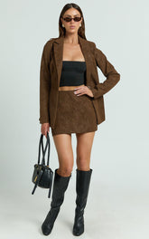 Gretchen Mini Skirt - High Rise Faux Suede Skirt in Brown