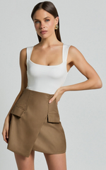 Haidy Mini Skirt - Faux Pockets Wrap Skirt in Taupe