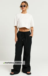 Hamilton Linen Blend Pants - Straight Elasticated Mid Waist Pants in Black
