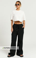 Hamilton Linen Blend Pants - Straight Elasticated Mid Waist Pants in Black