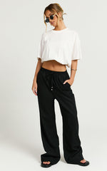 Hamilton Linen Blend Pants - Straight Elasticated Mid Waist Pants in Black