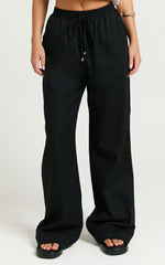 Hamilton Linen Blend Pants - Straight Elasticated Mid Waist Pants in Black