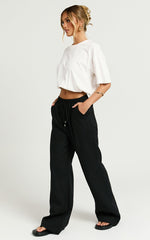 Hamilton Linen Blend Pants - Straight Elasticated Mid Waist Pants in Black