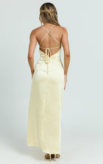 Heidi Maxi Dress - Satin Ruched Bust Tie Back Dress in Lemon