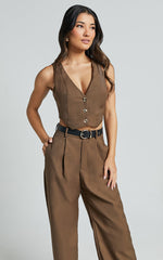 Izara Vest - V Neck Button Up Cropped Vest in Oak